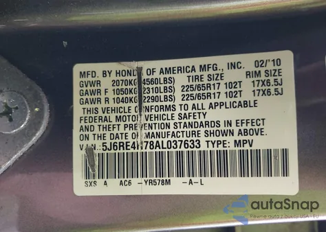 2010 Honda Cr-V Ex-L from USA, damaged, VIN 5J6RE4H78AL037633